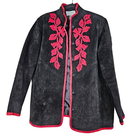 Linea L Black Red Embroidered Floral Jacket Suede Leather Classic Glam Boho - Picture 1 of 3